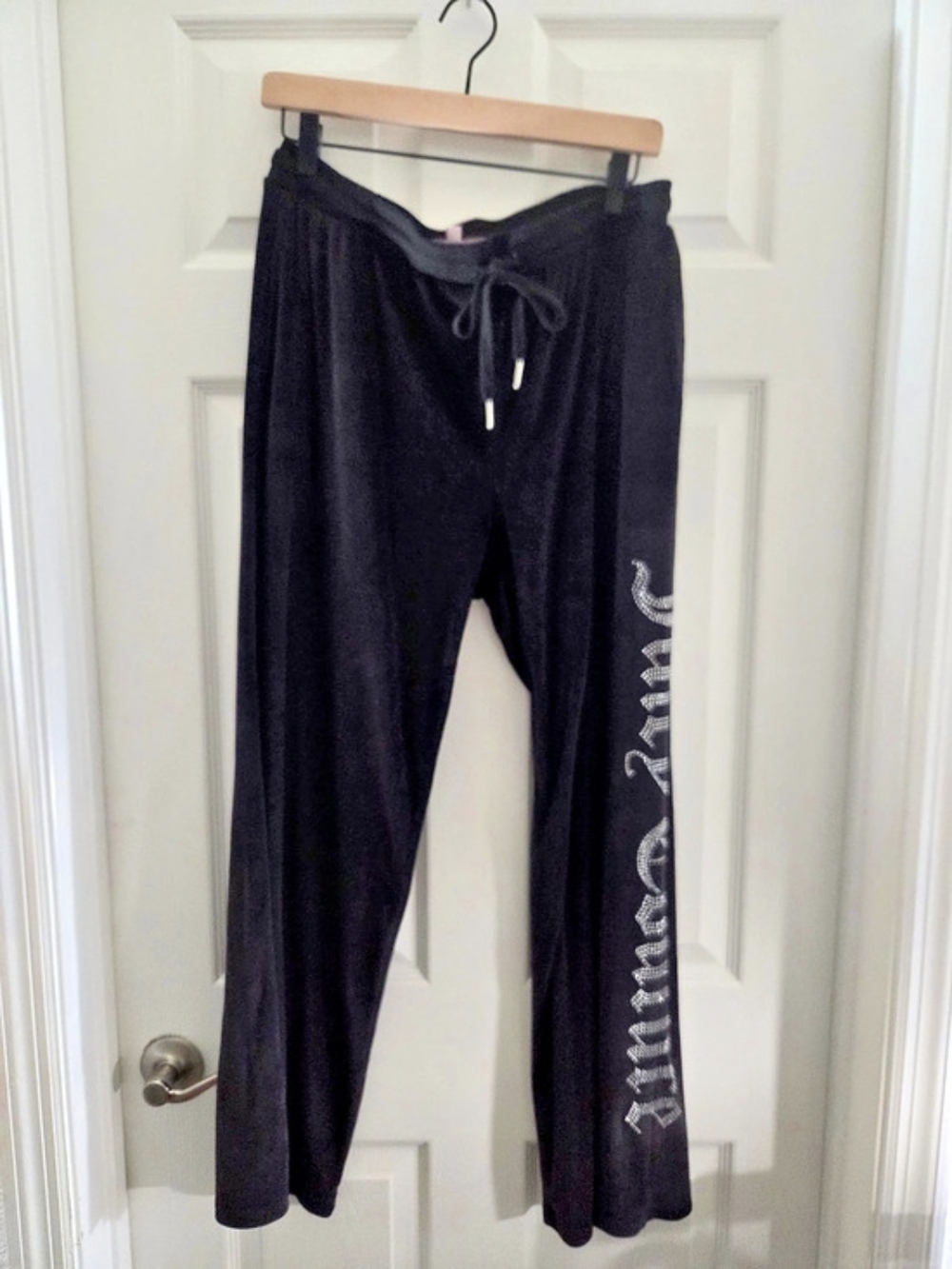 Y2K, Juicy Couture Black Velour Rhinestone Logo Sleapwear Pants Black XL